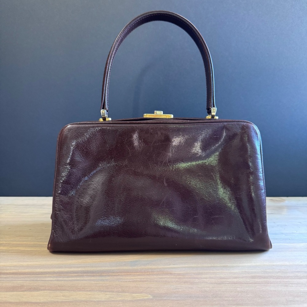 Vintage Italian Leather Frame Bag - Structured Burgundy Top Handle Satchel 70s - Picture 4 of 14
